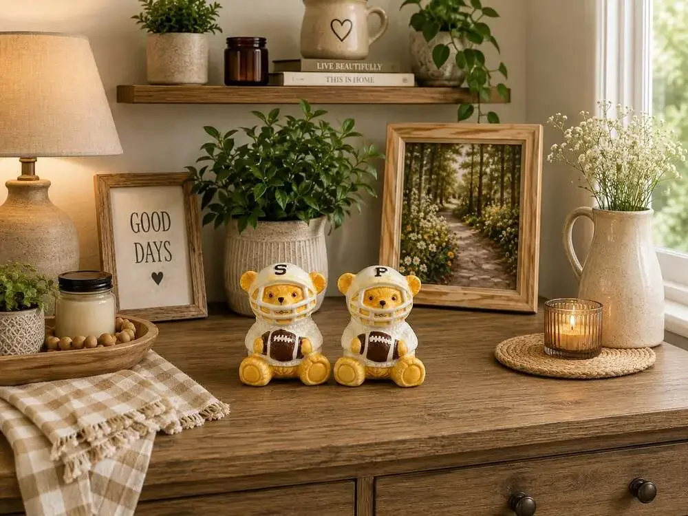 New Dabney Lee Football Teddy Bear Salt & Pepper Shakers Salt N Pepper Decor